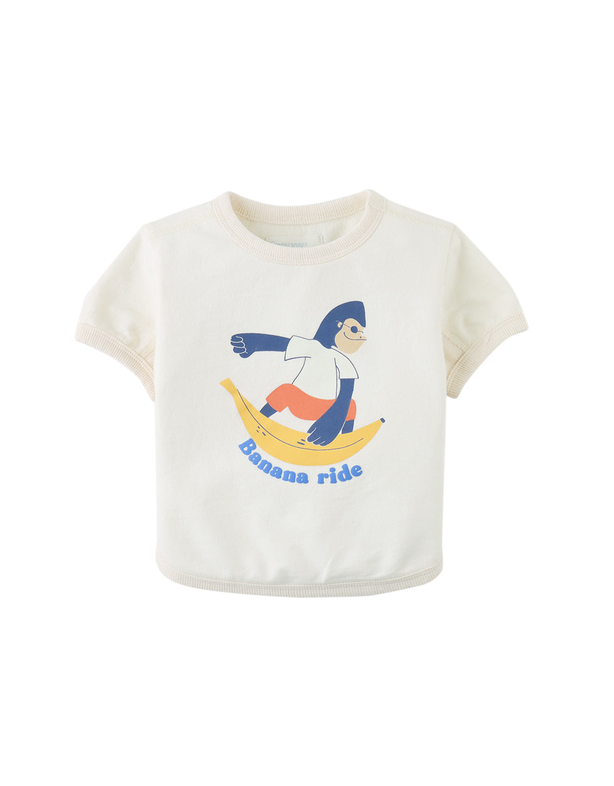 Flatlay front with details of the Baby Chalice Cotton Barrel Tee in off-white showcasing the soft cotton material, barrel tee shape, clean finish, and gorilla print from the boys’ collection of Gingersnaps Philippines.