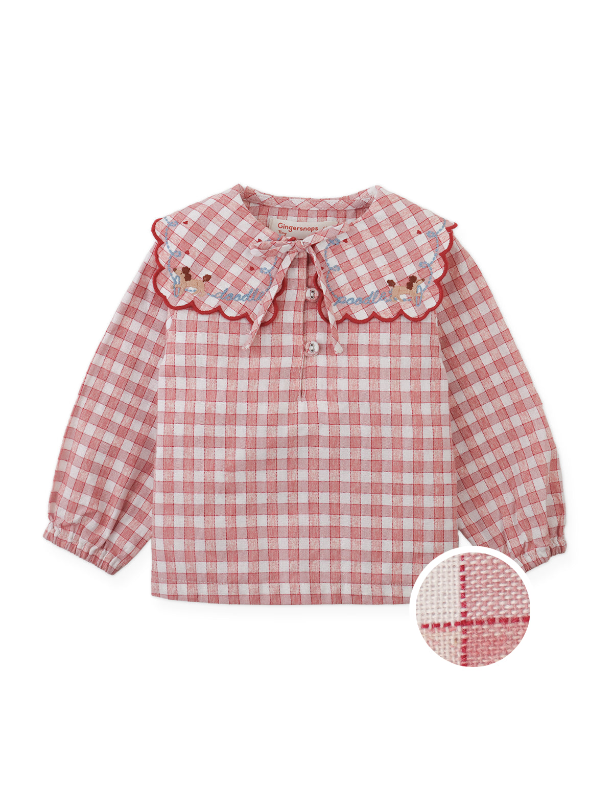 Baby Gracia Checkered Blouse with Poodle Embroidery and Scalloped Sailor Collar