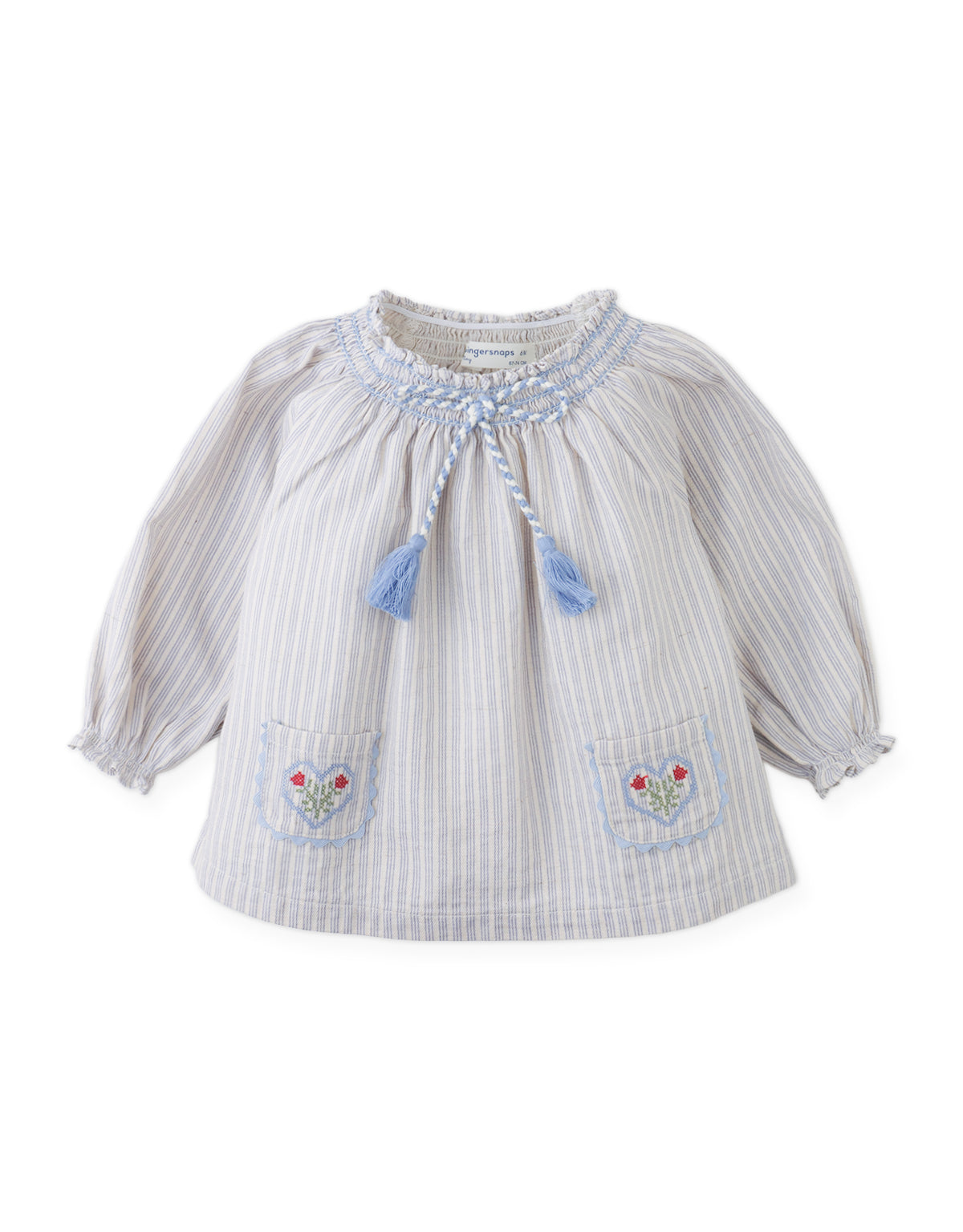 Baby Ruth Striped Blouse with Smocked Neckline and Embroidered Pockets