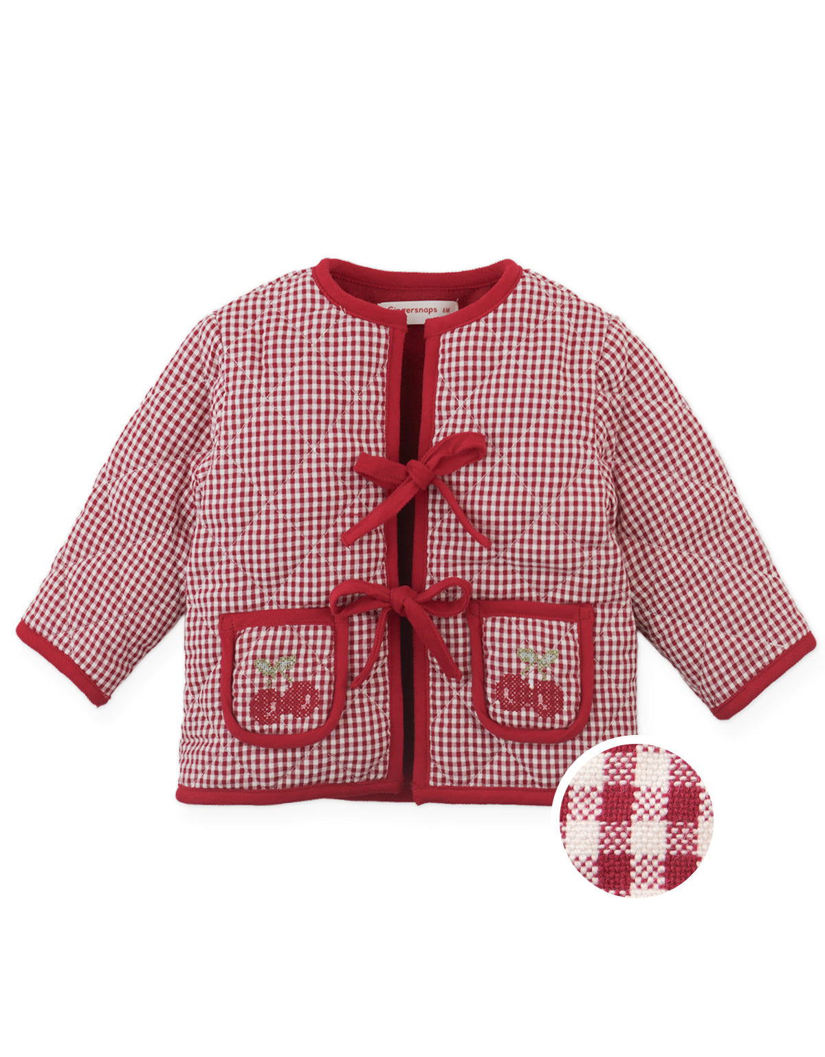 Baby Lavinia Boxy Quilted Coat with Bow- Tie Accents and Embroidered Cherry on Pockets