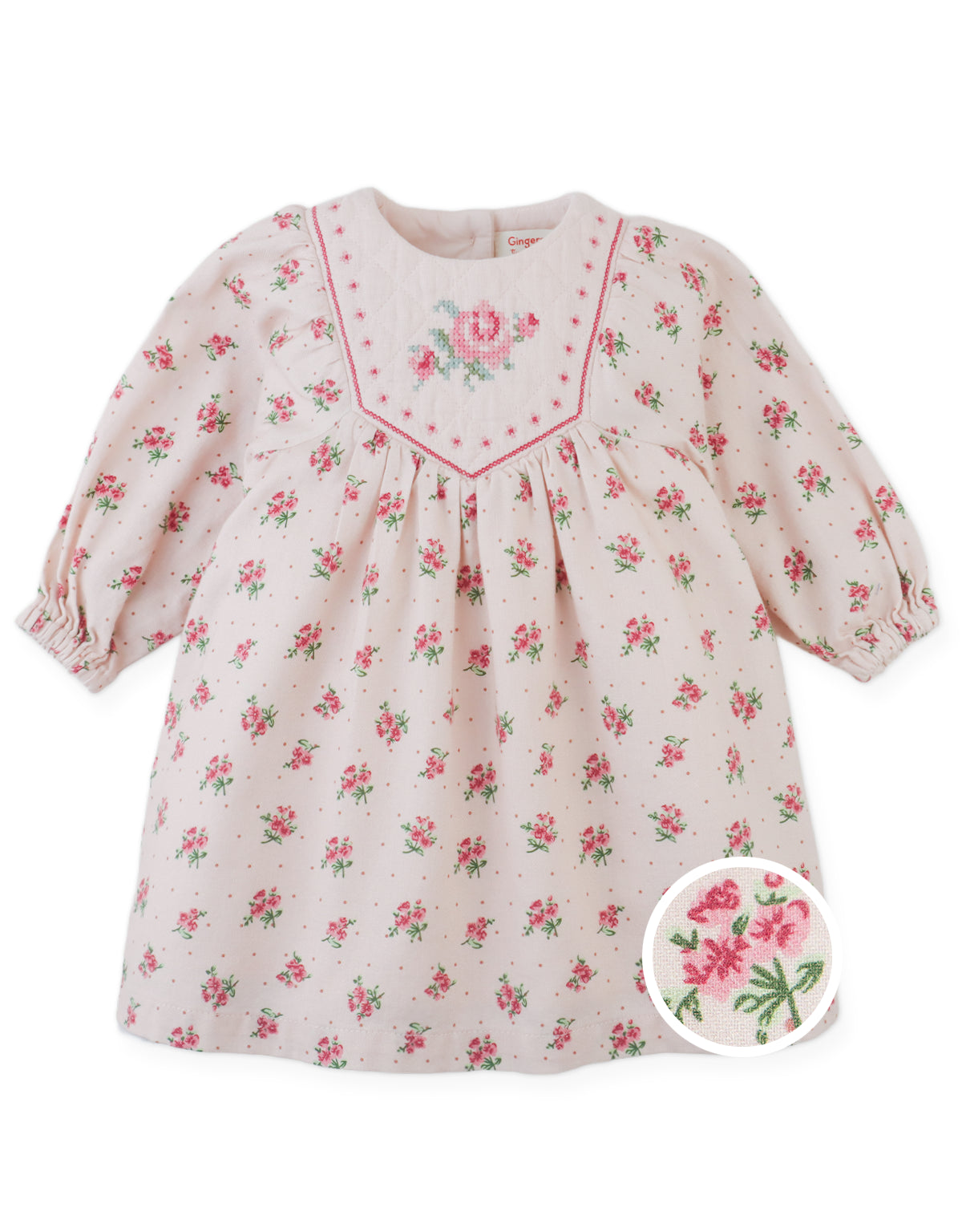 Baby Olivia
Floral Printed Dress with Cross-Stitch Embroidery on Quilted Yoke