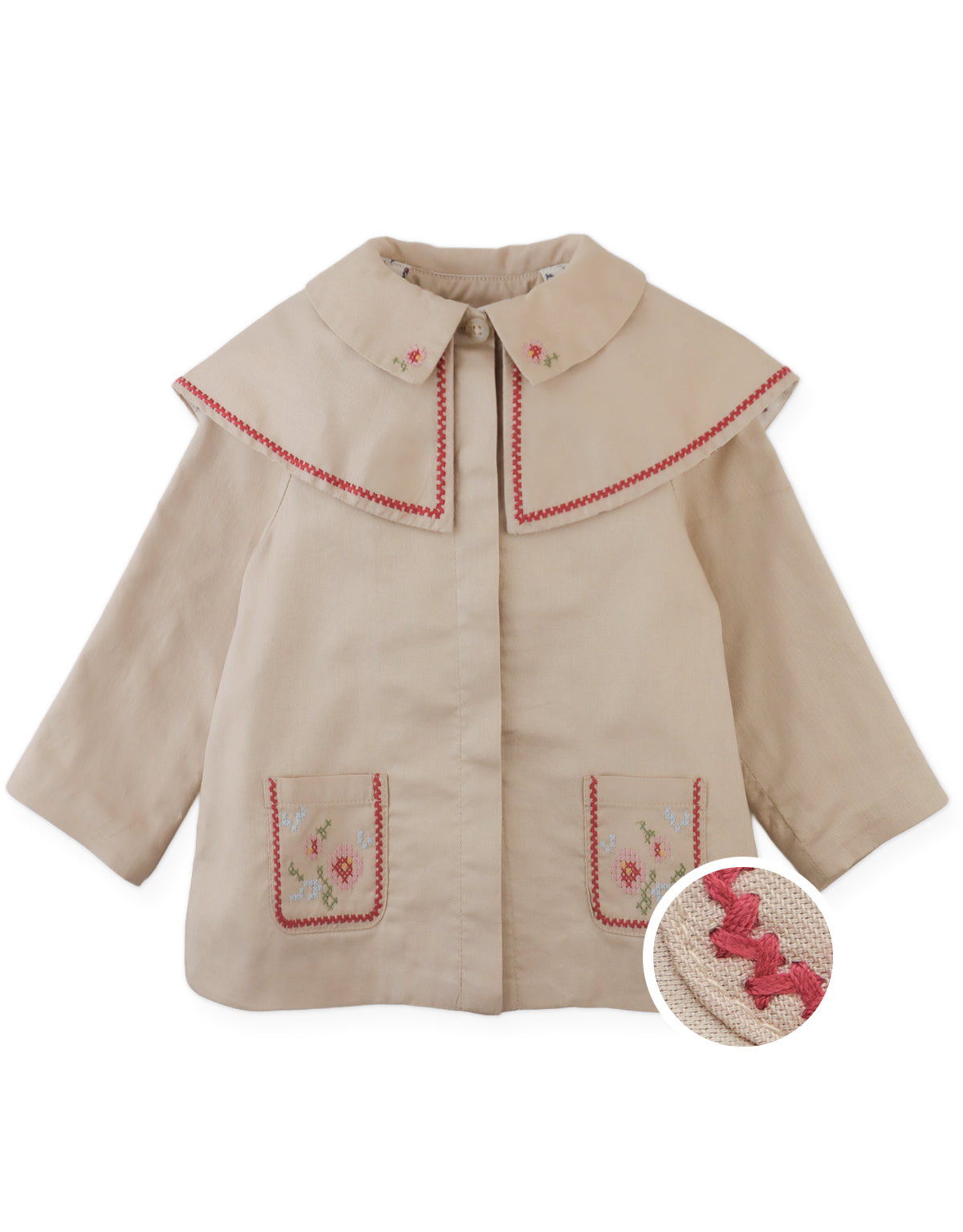 Baby Sybil Jacket with Cross-Stitch Embroidery on Double Collar and Pockets