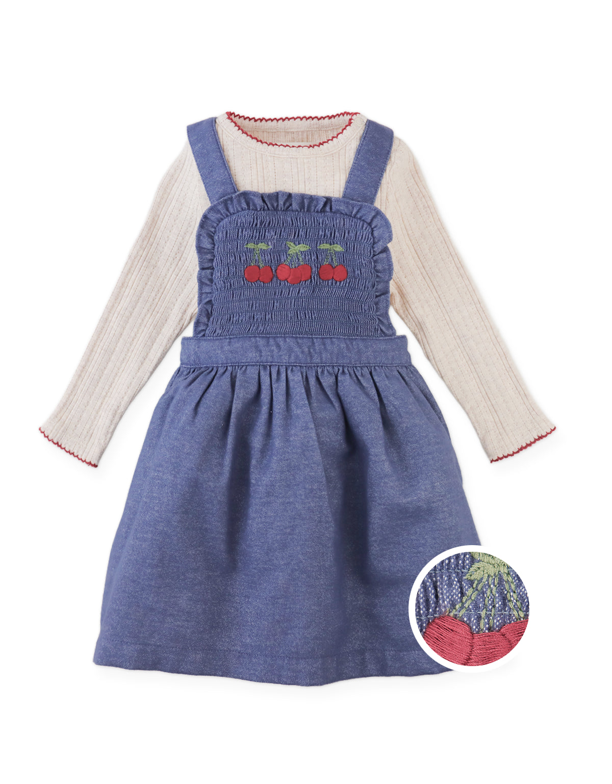 Baby Margot Pinafore Dress with Smocked Chest and Embroidered Cherry Details