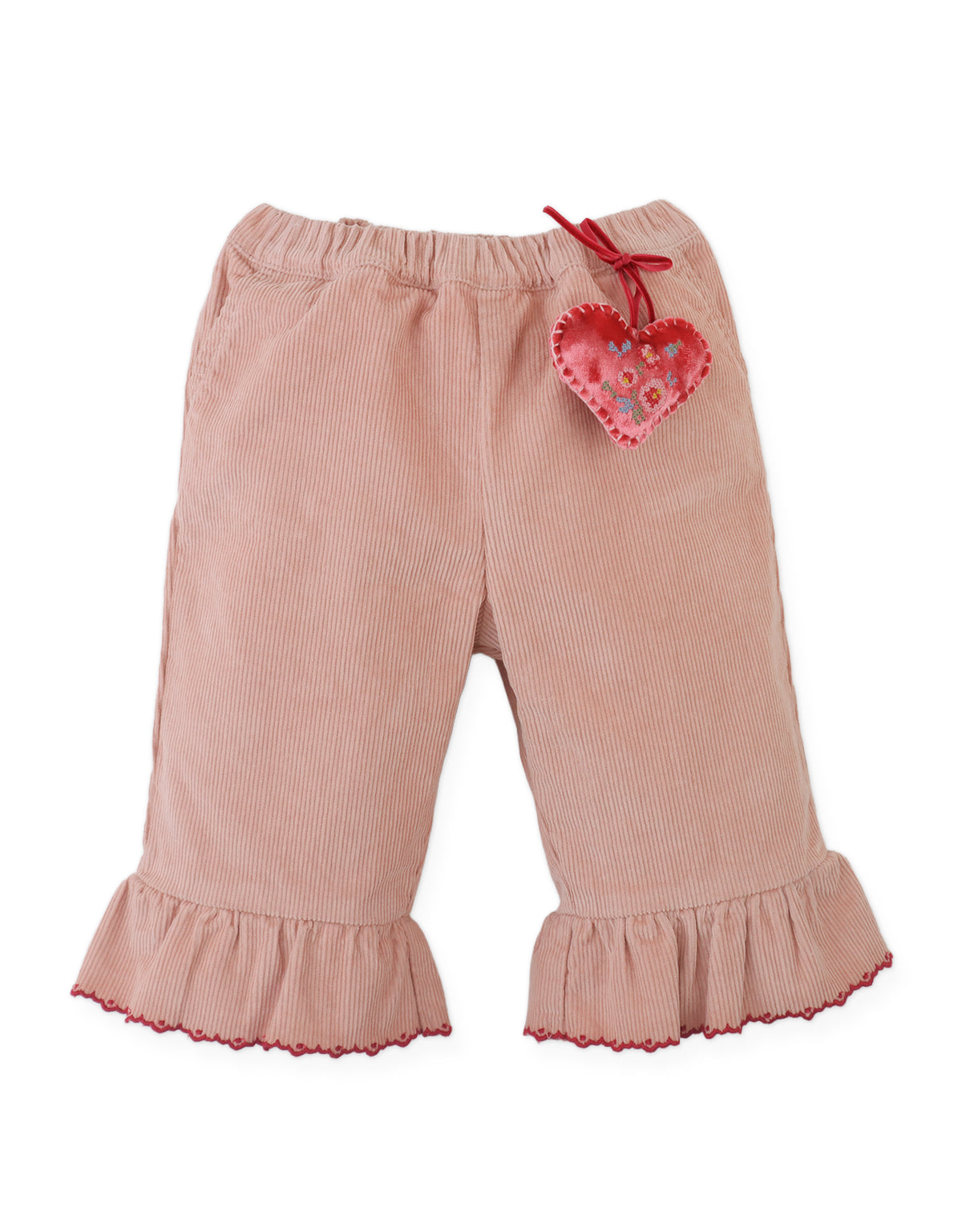 Baby Bessie Pants with Scallop- Embroidered Hem, Ruffles, and Hand- Embroidered Velvet Heart Plushie