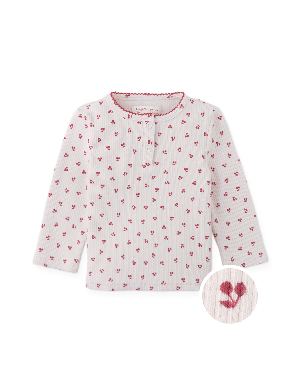 Baby Apolinaria Pointelle Ribbed Tee in All-Over Cherry Print with Button Placket & Ruffled Neckline