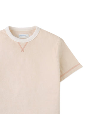 Close-up front detail of the Gunther Ringer Tee with Contrast V-Spreader in beige, highlighting contrast V spreader and ringer neckline from the Summer collection of Gingersnaps Philippines.