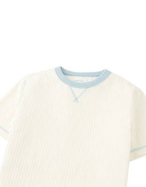 Close-up front detail of the Gunther Ringer Tee with Contrast V-Spreader in off-white, highlighting contrast V spreader and ringer neckline from the Summer collection of Gingersnaps Philippines.