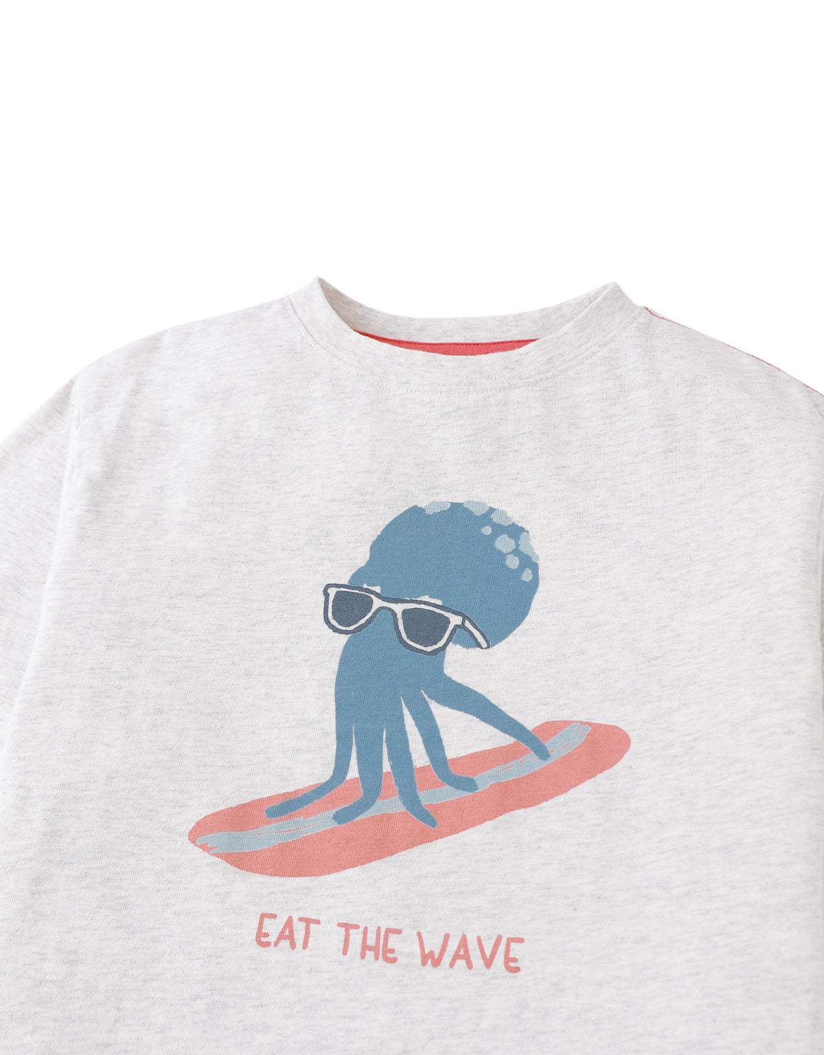 Close-up front detail of the Oruo Surfing Octopus Relaxed-Fit Graphic Tee, highlighting the surfing octopus graphic print and jersey knit texture from the Summer collection of Gingersnaps Philippines.