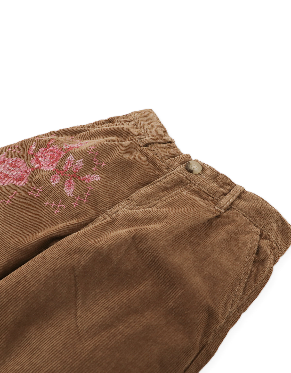 Loreine Wide- Leg Corduroy Pants with Rose Cross-Stitch Embroidery