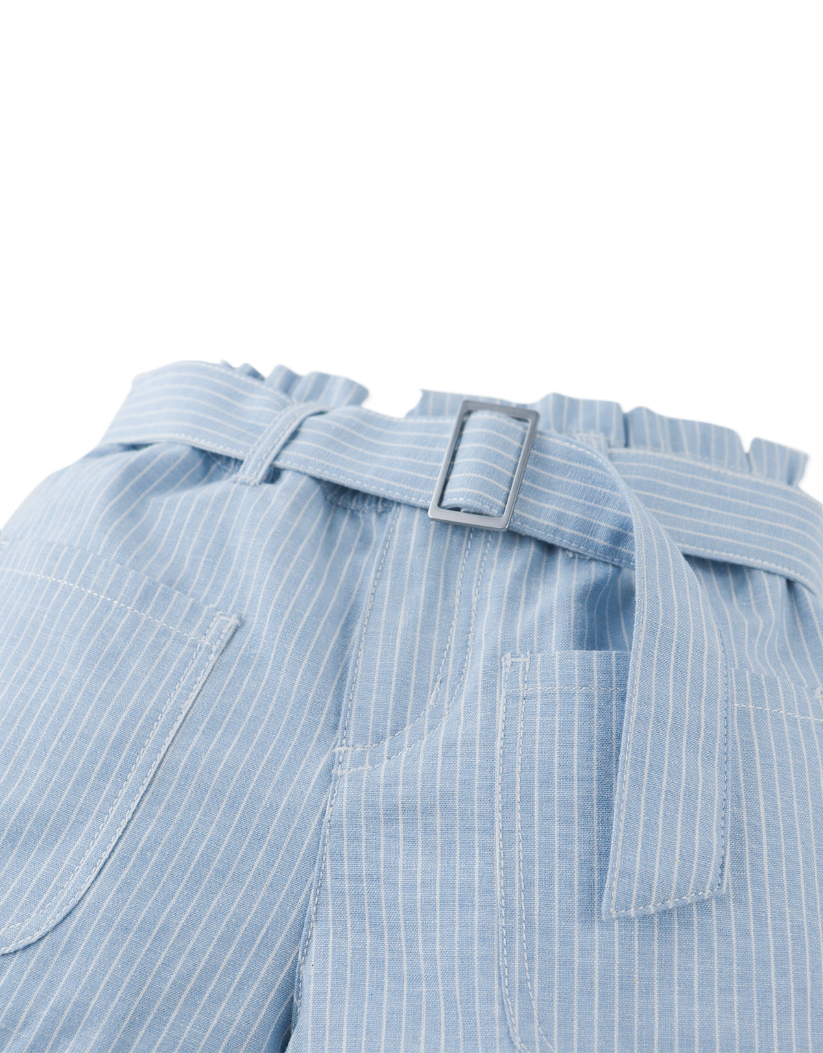 Close-up front detail of the Amara Linen-like Cotton Shorts in Stripes with Big Pockets & Belt, highlighting textured fabric, belt detail, and oversized pockets from the Spring Summer collection of Gingersnaps Philippines.
