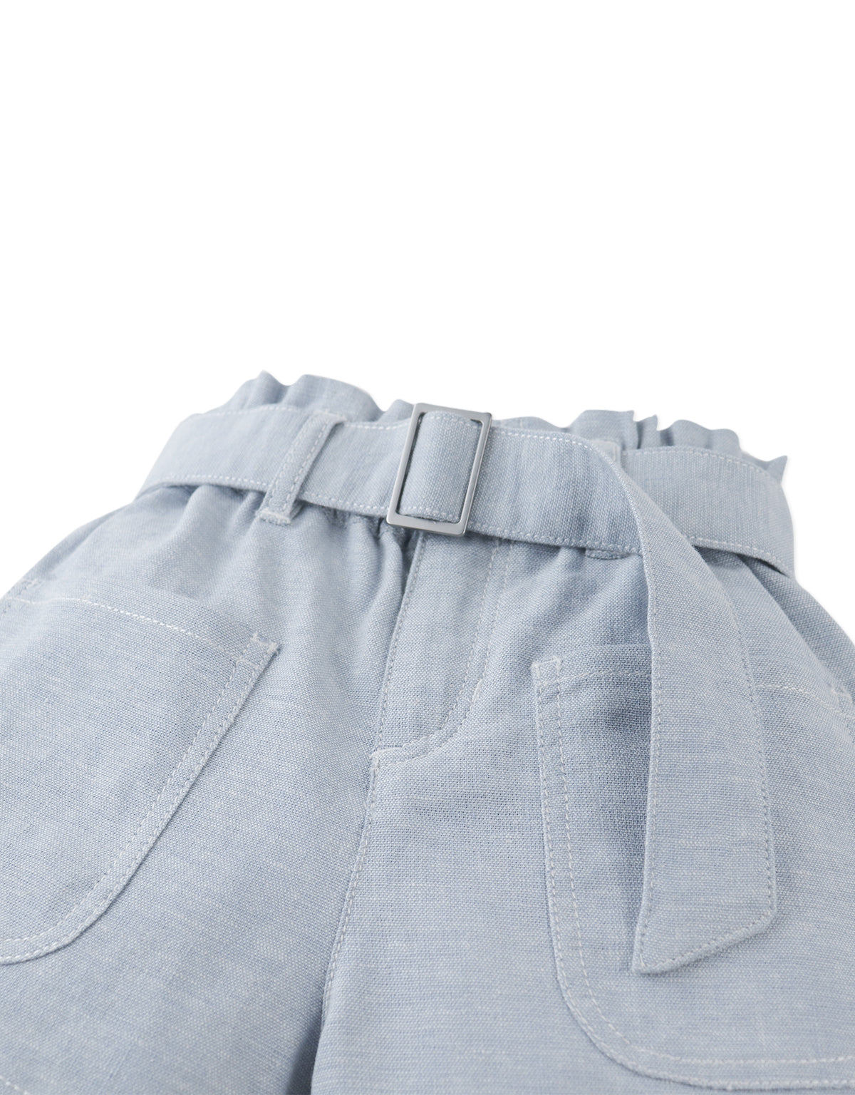 Close-up front detail of the Amara Denim Shorts with Big Pockets & Belt, highlighting embroidered denim texture, belt detail, and roomy pockets from the Spring Summer collection of Gingersnaps Philippines.