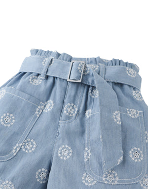 Close-up front detail of the Amara Denim Shorts with Big Pockets & Belt, highlighting embroidered denim texture, belt detail, and oversized front pockets from the Spring Summer collection of Gingersnaps Philippines.