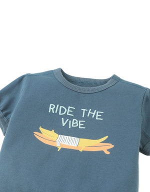 Close-up front detail of the Baby Chalice Cotton Barrel Tee in blue, highlighting the surfing crocodile graphics and breathable cotton fabric from the Spring Summer collection of Gingersnaps Philippines.
