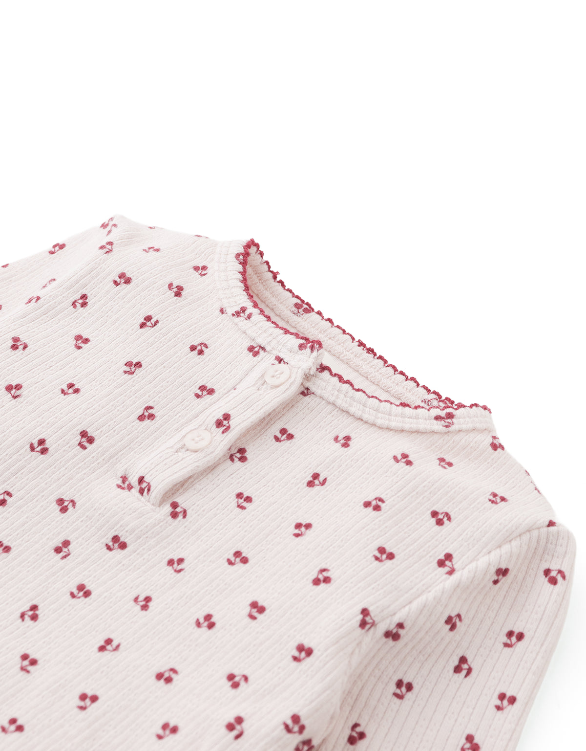 Baby Apolinaria Pointelle Ribbed Tee in All-Over Cherry Print with Button Placket & Ruffled Neckline