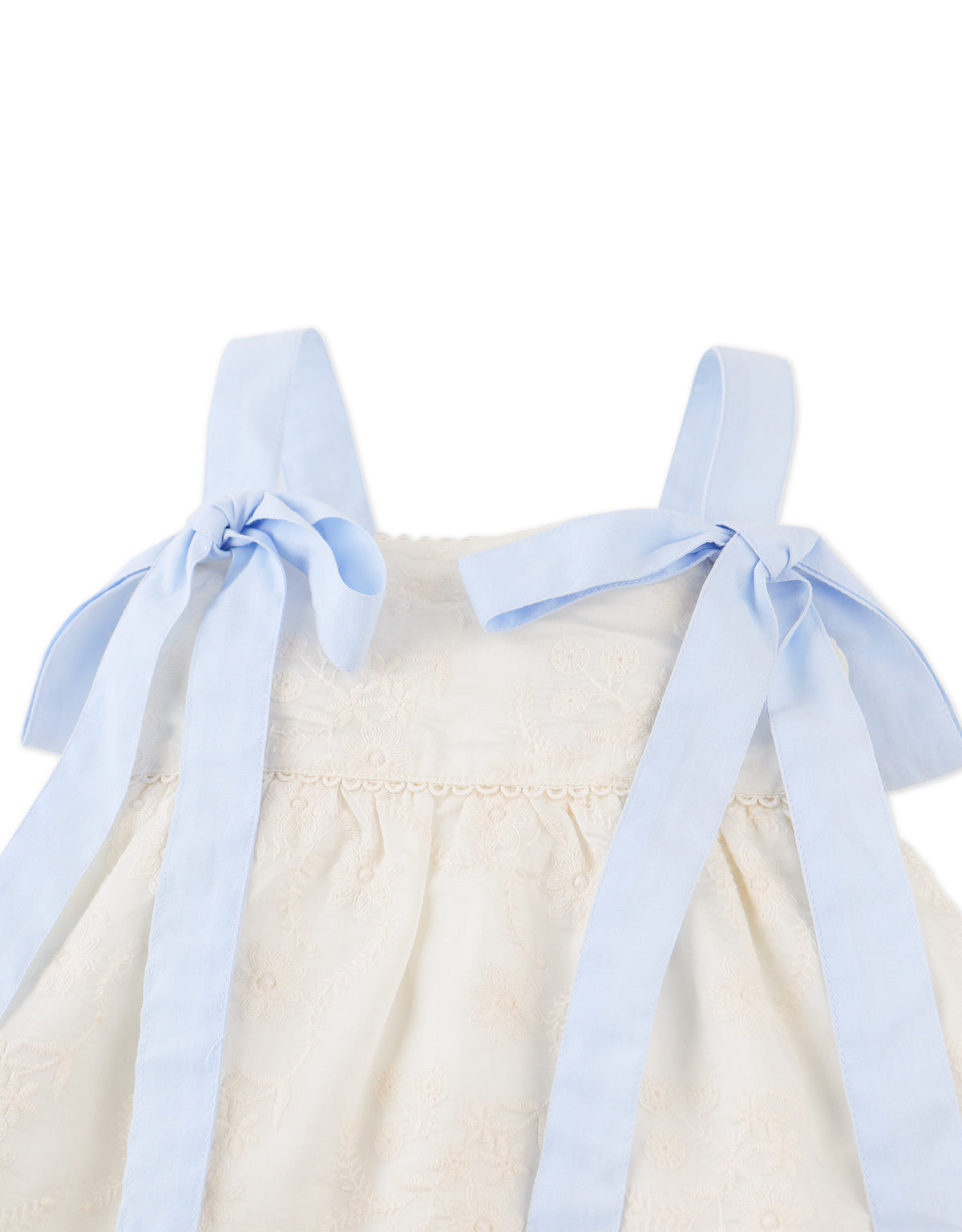 Close-up front detail of the Leilani Embroidered Top with Bow Tie Straps, highlighting floral embroidery and tied strap details from the Spring Summer collection of Gingersnaps Philippines.