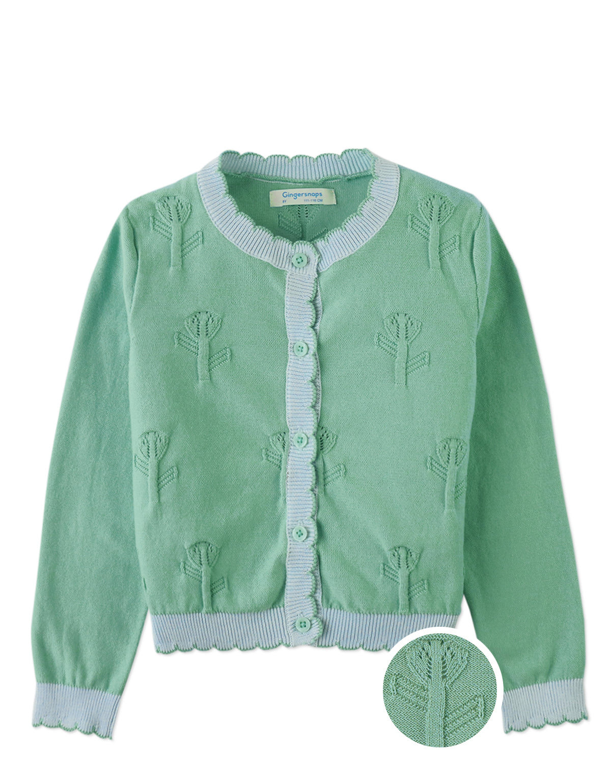 Close-up front detail of the Natalie Cardigan with Scalloped Ribbed Edges, highlighting scalloped ribbing and pointelle flower details from the Spring Summer collection of Gingersnaps Philippines.