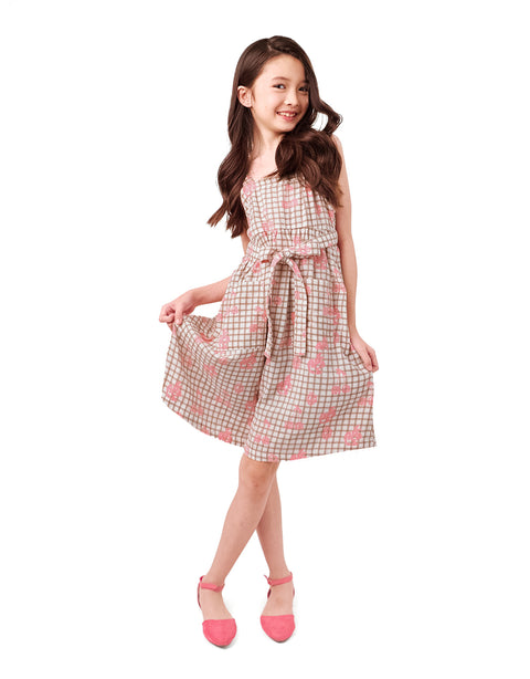 GIRLS GRID AND FRUIT PRINT STRAPPY DRESS WITH TIES