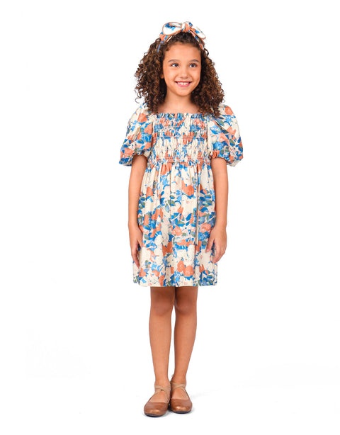 GIRLS TOILE PRINT DRESS WITH SMOCKED BODICE AND BUBBLE SLEEVES