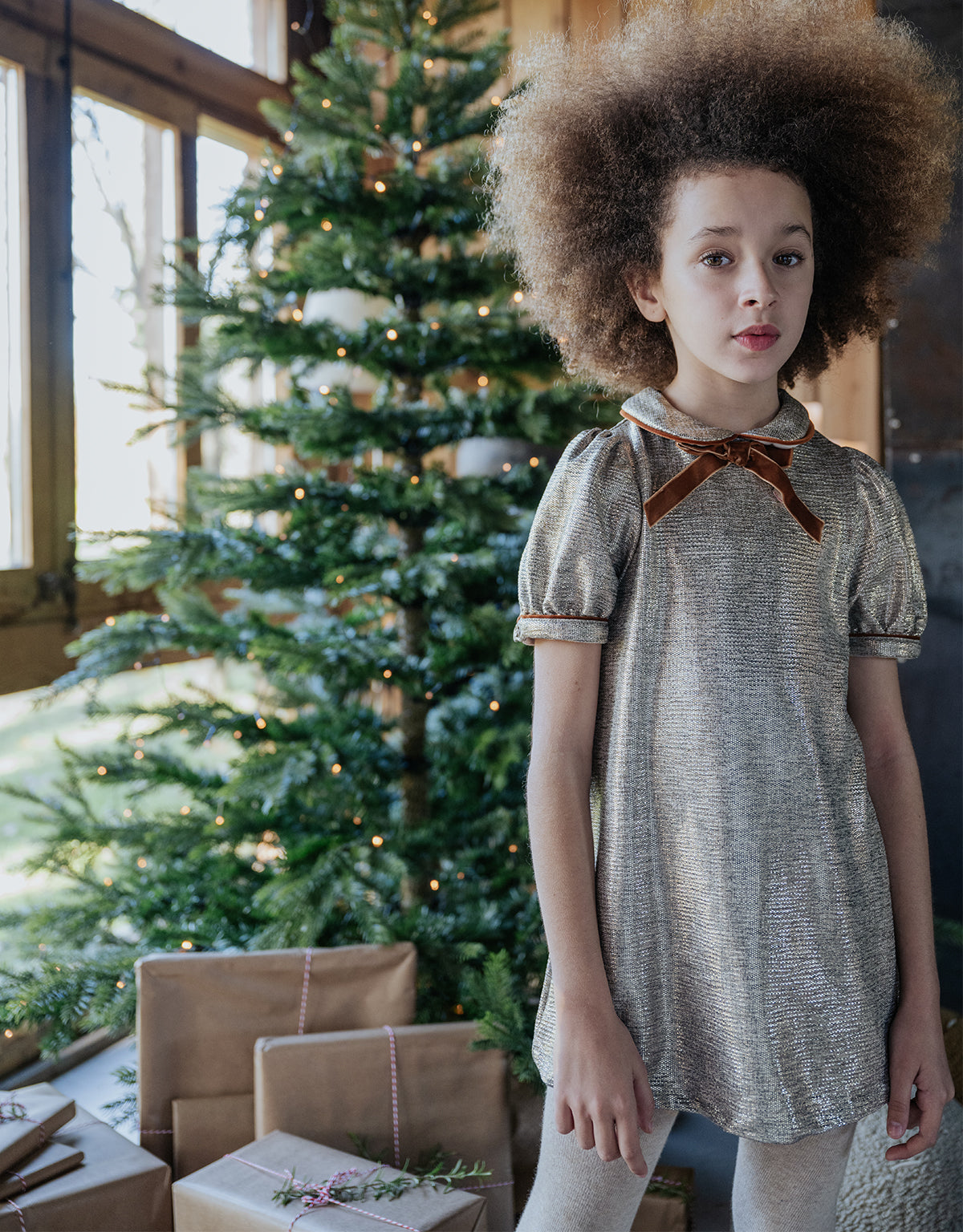 LAME SHIFT DRESS WITH PETER PAN COLLAR, CONTRAST TRIM, AND BOW DETAIL