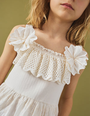 Close-up front detail of the Addison Dress with Corsage & Tiered Skirt, highlighting the ribbed eyelet collar and blooming corsage detail from the Spring Summer collection of Gingersnaps Philippines.