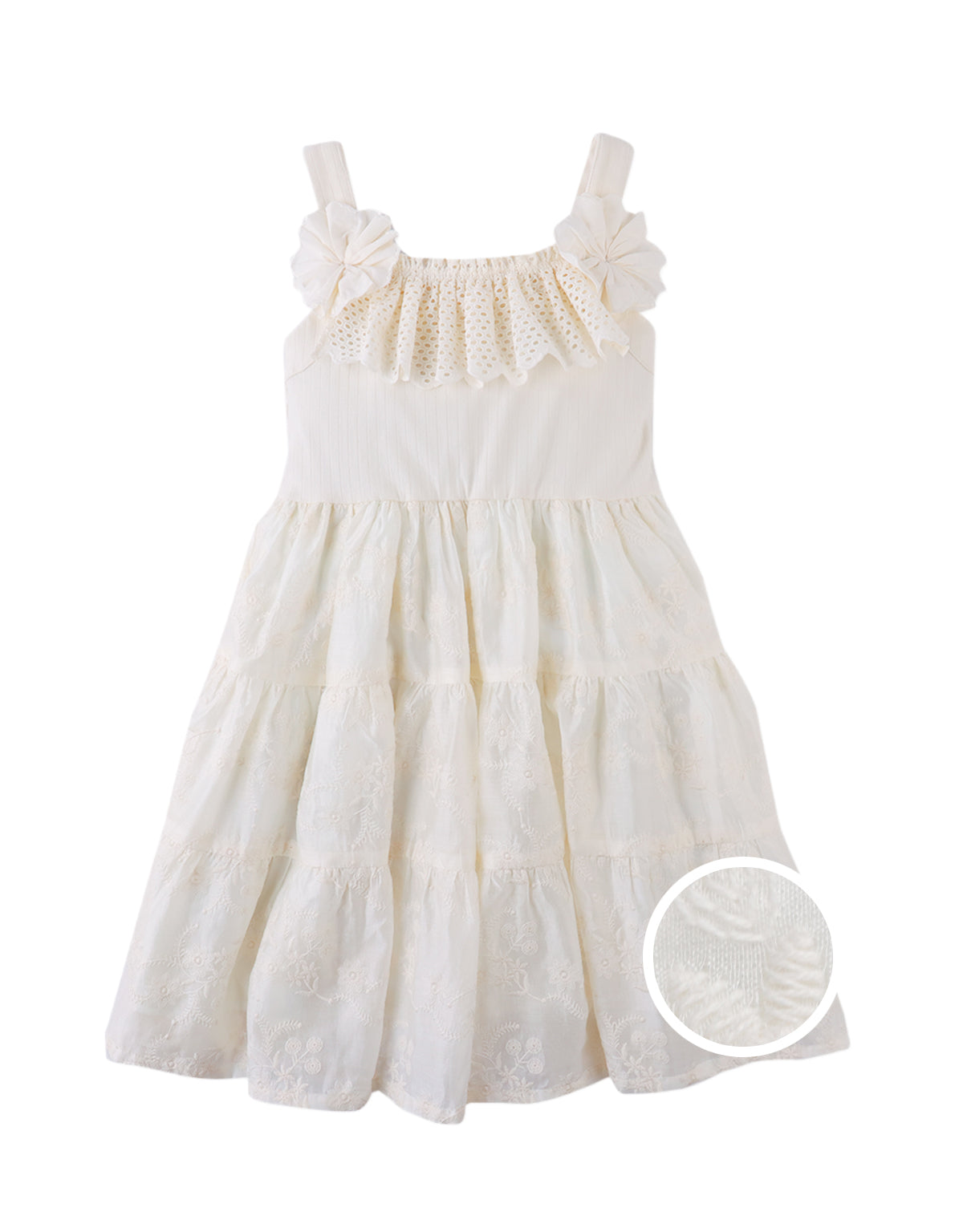 Flatlay front view of the Addison Dress with Corsage & Tiered Skirt, showcasing the eyelet neckline, corsage accent, and embroidered tiered skirt from the Spring Summer collection of Filipino kids fashion brand Gingersnaps Philippines.