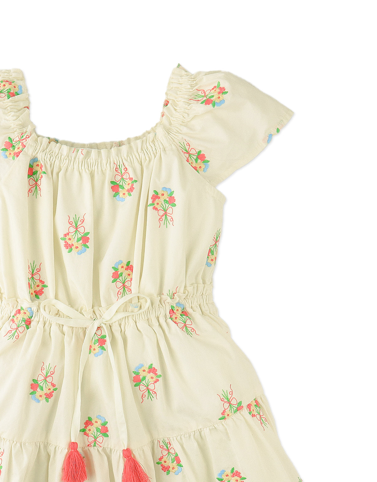 Close-up front detail of the Avery Embroidered Dress with Bubble Sleeves, highlighting delicate floral embroidery and softly gathered sleeves from the Spring Summer collection of Gingersnaps Philippines.