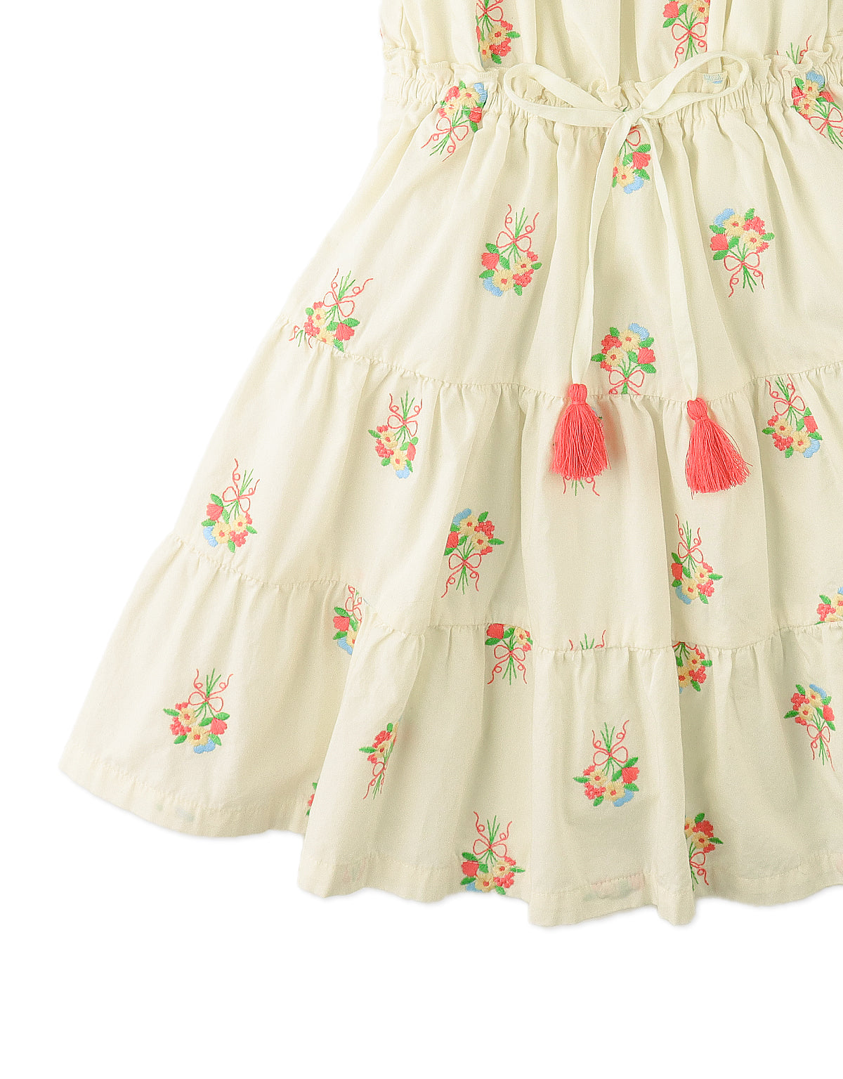 Flatlay front view of the Avery Embroidered Dress with Bubble Sleeves, showcasing embroidered details and empire waist construction from the Spring Summer collection of Filipino kids fashion brand Gingersnaps Philippines.