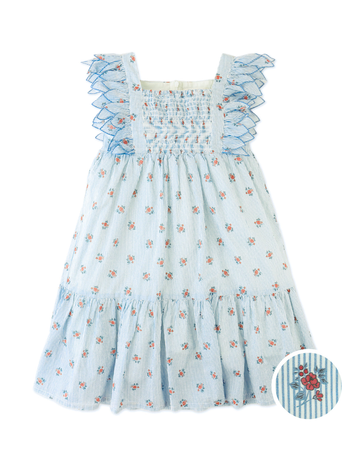 Flatlay front view of the Chloe Apron Dress with Smocked Bodice & Petal Sleeves, showcasing the smocked bodice and apron-style silhouette from the Spring Summer collection of Filipino kids fashion brand Gingersnaps Philippines.