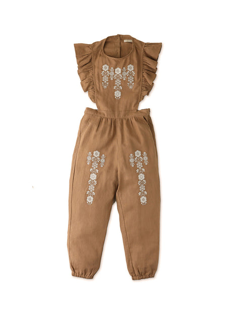 GIRLS EMBROIDERED JUMPSUIT WITH RUFFLE SLEEVES