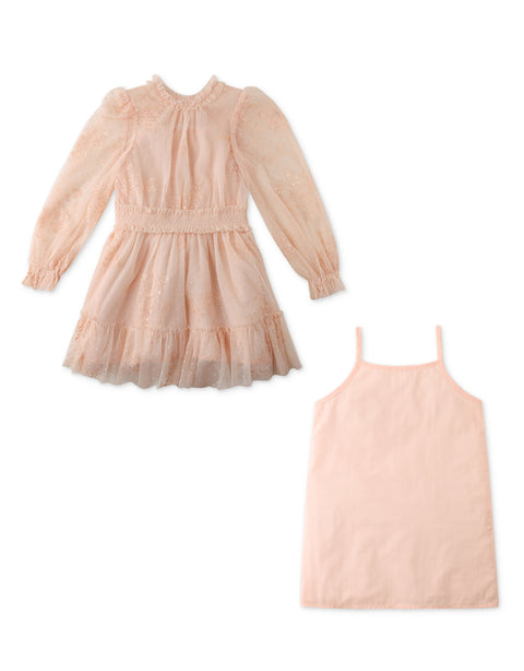 GIRLS LONG SLEEVES DRESS WITH SMOCKED WAIST AND FRILLS