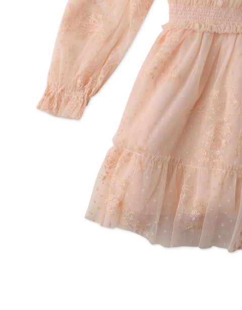 GIRLS LONG SLEEVES DRESS WITH SMOCKED WAIST AND FRILLS