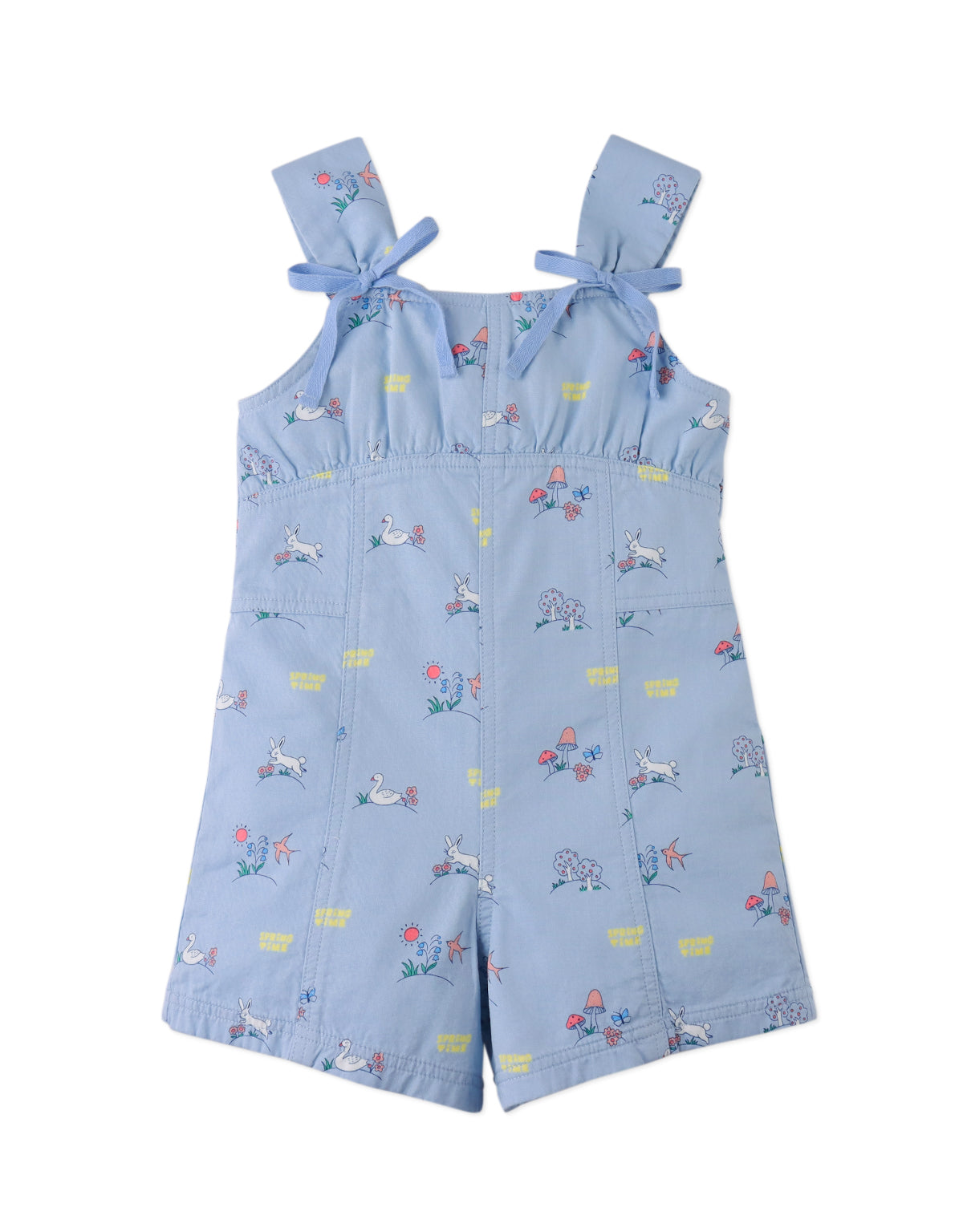 Campaign photo of the Harvey Empire-Cut Playsuit with Decorative Bow Ties for kids from the Spring Summer collection of Filipino kids fashion brand Gingersnaps Philippines, featuring bunny and floral prints.