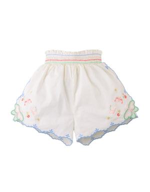 Close-up front detail of the Jisoo Shorts with Butterfly Embroidery & Scalloped Edges, highlighting embroidered butterflies and scalloped edge finish from the Spring Summer collection of Gingersnaps Philippines.