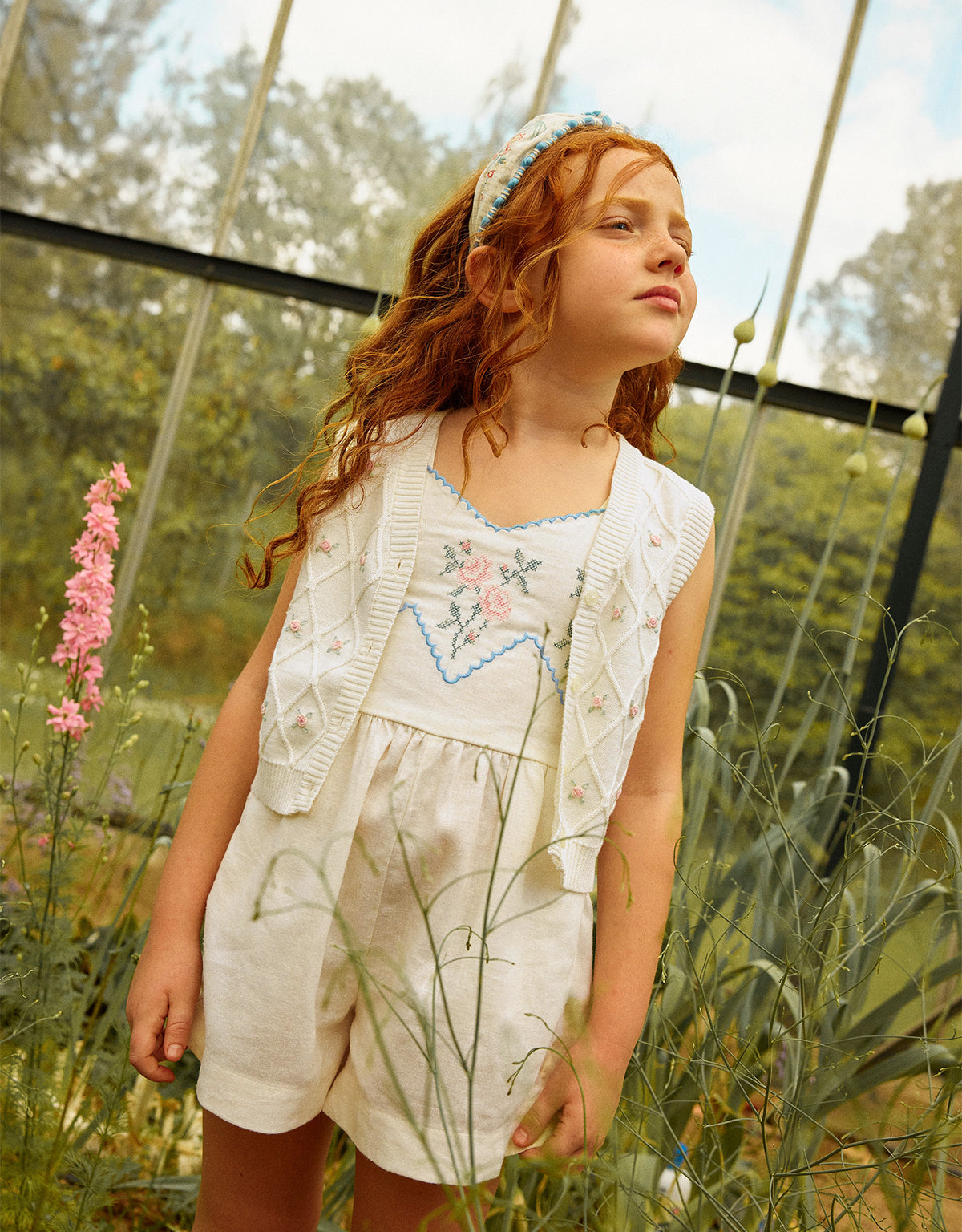 Louise Trellis Knitted Vest with Bullion Flower Embroidery