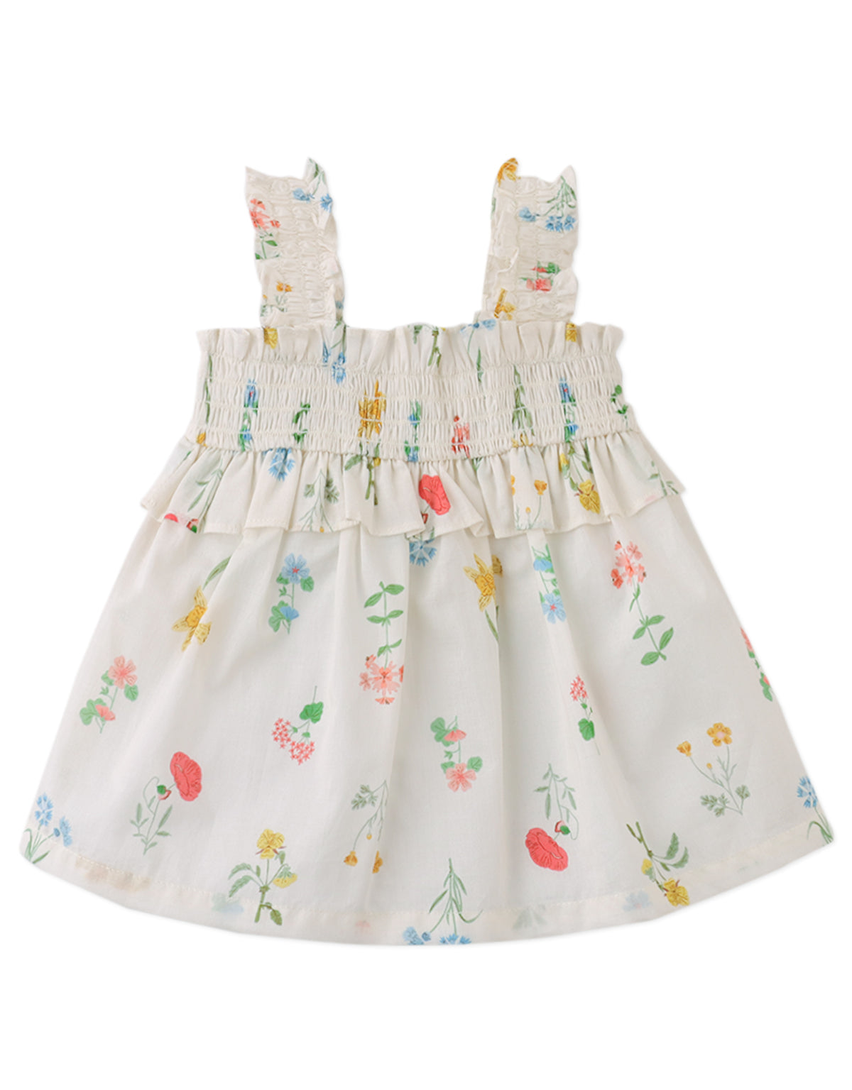 Campaign photo of the Baby Jennie Smocked Cotton Top for kids from the Spring Summer collection of Filipino kids fashion brand Gingersnaps Philippines, featuring airy white fabric with delicate floral prints and smocked details.