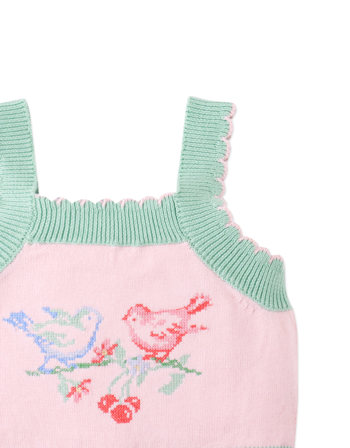 Full front catalog image of the Baby Rosé Combed Cotton Knit Top with Cross-Stitch Embroidery for kids, featuring breathable pink cotton knit and bird embroidery from the Spring Summer collection of Gingersnaps Philippines.