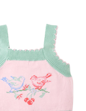 Full front catalog image of the Baby Rosé Combed Cotton Knit Top with Cross-Stitch Embroidery for kids, featuring breathable pink cotton knit and bird embroidery from the Spring Summer collection of Gingersnaps Philippines.