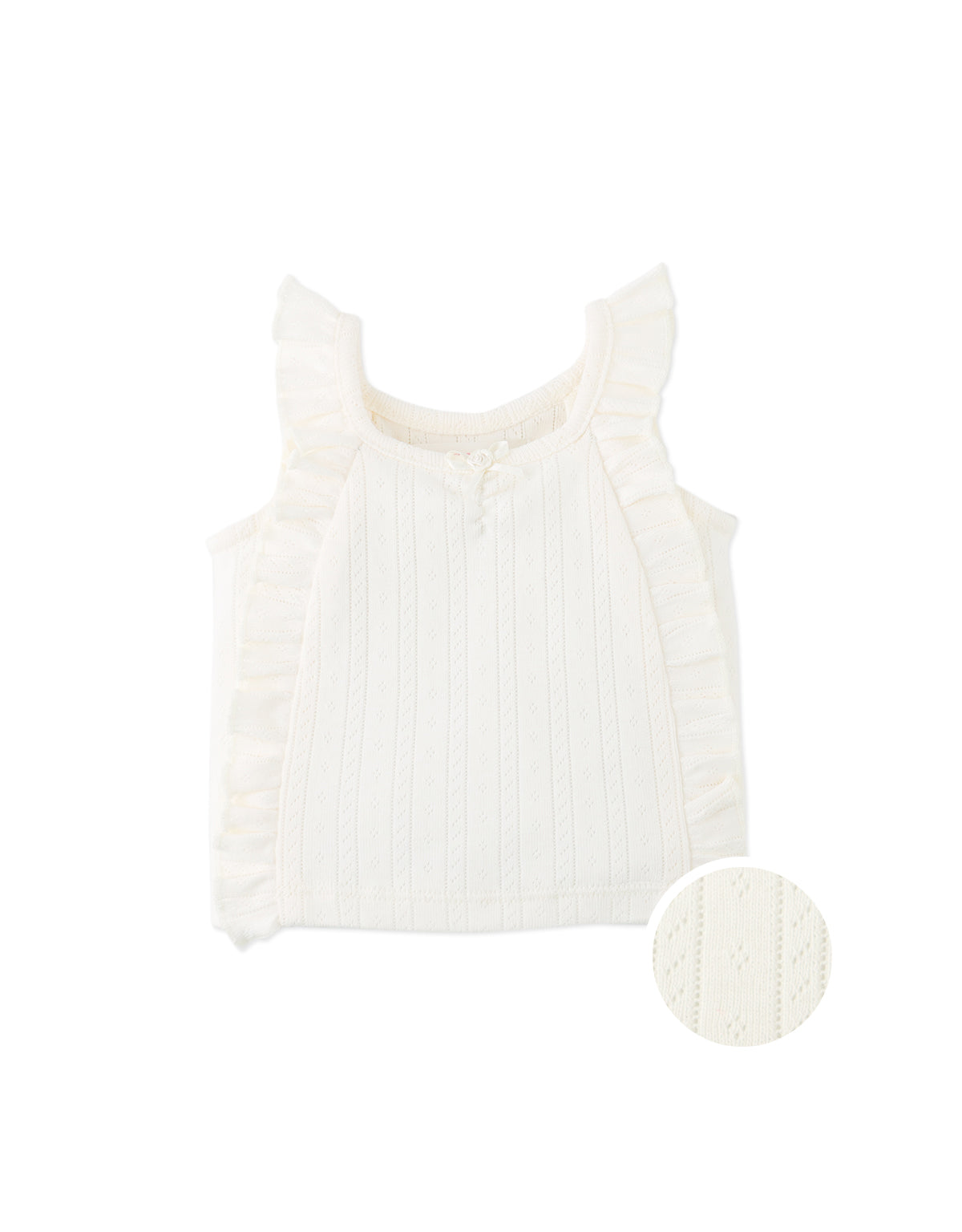 Baby Freyja Diamond Row Pointelle Jersey Knit with Ruffles & Rosette Details