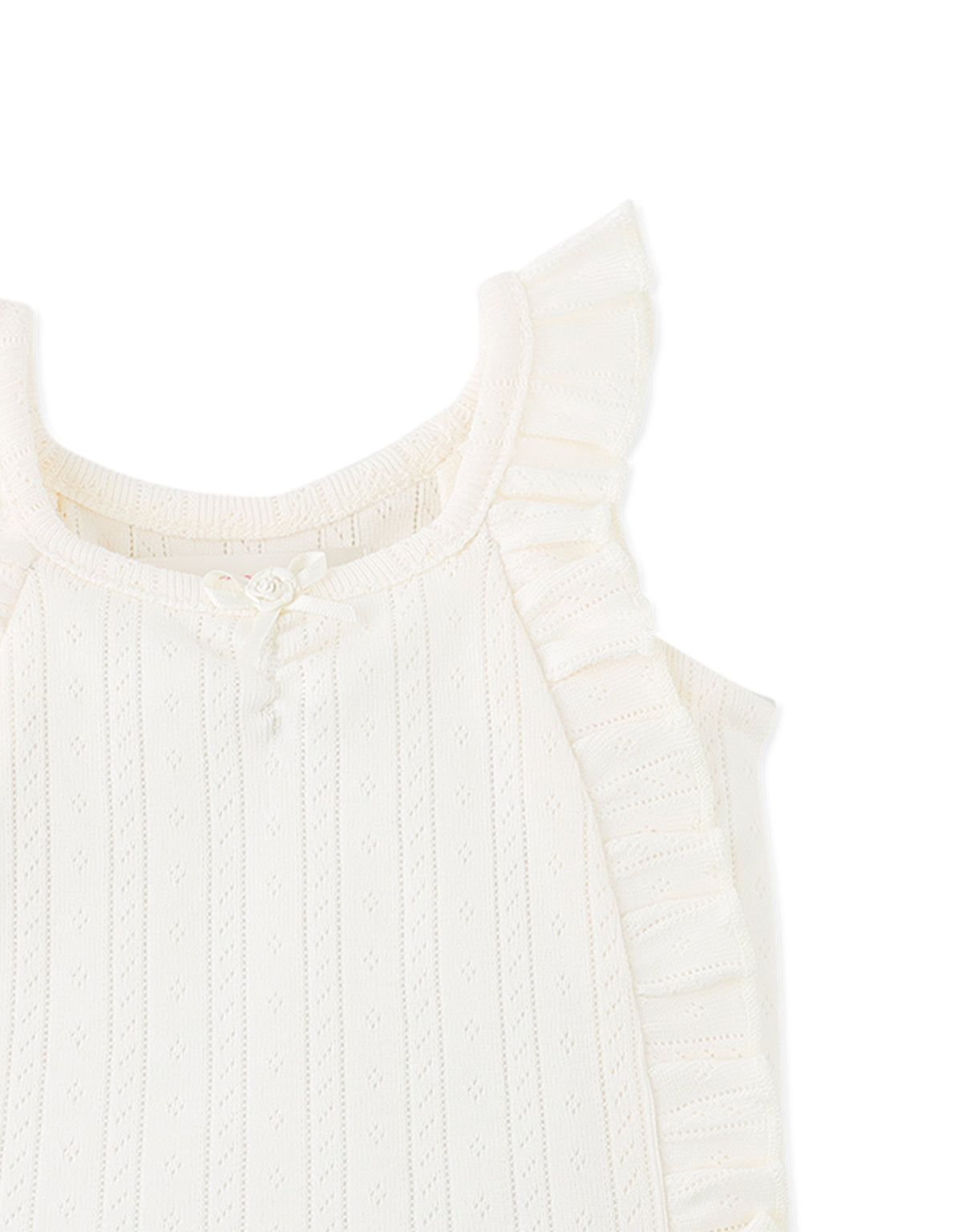 Baby Freyja Diamond Row Pointelle Jersey Knit with Ruffles & Rosette Details