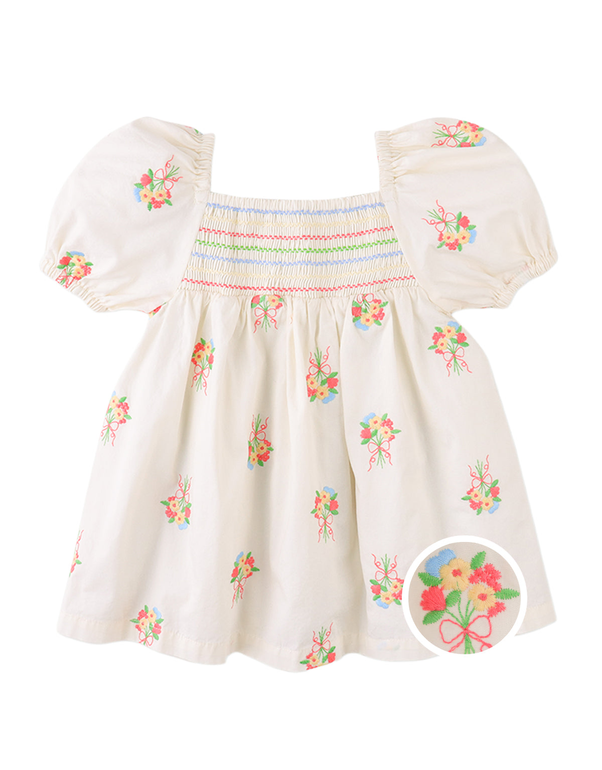 Campaign photo of the Baby Gigi Embroidered Dress with Puff Sleeves for infant girls from the Spring Summer collection of Filipino kids fashion brand Gingersnaps Philippines, featuring delicate embroidery, a smocked bodice, and puffed sleeves.