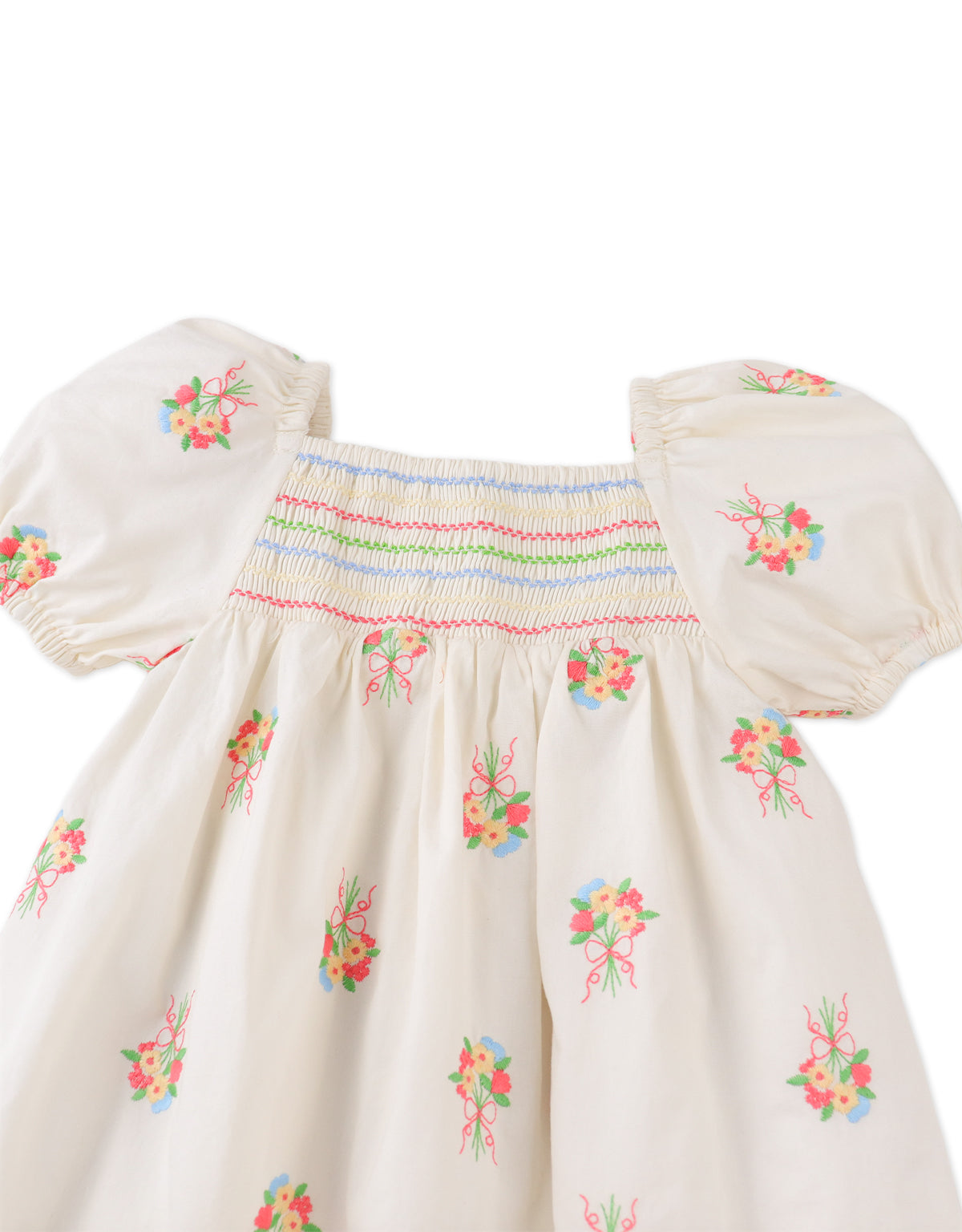 Close-up front detail of the Baby Gigi Embroidered Dress with Puff Sleeves, highlighting embroidered accents, smocked texture, and puff sleeve detail from the Spring Summer collection of Gingersnaps Philippines.