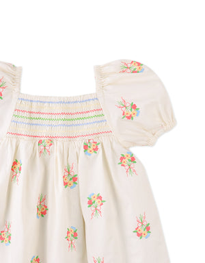 Full front catalog image of the Baby Gigi Embroidered Dress with Puff Sleeves for infant girls, a smocked embroidered dress from the Spring Summer collection of Gingersnaps Philippines.