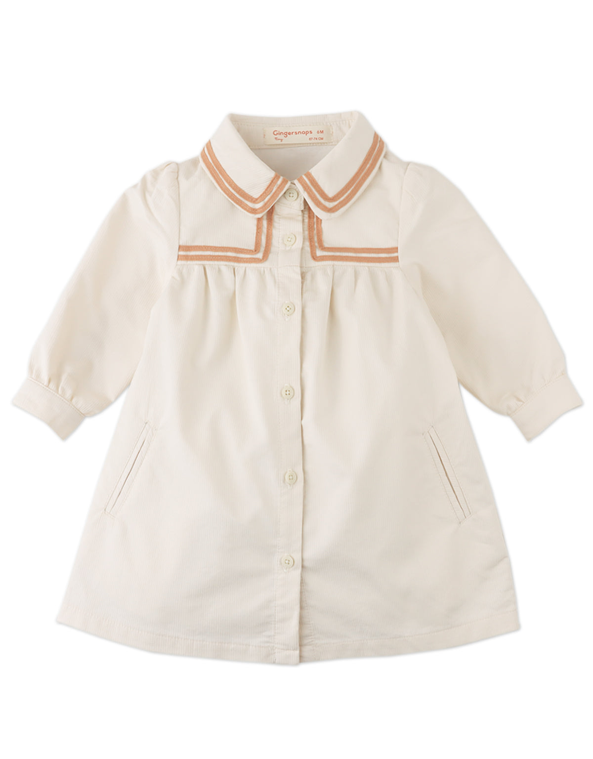 BABY  PETRA LONG SLEEVES SHIFT DRESS EGGNOG WITH COLLAR AND CONTRAST RIBBON TAPE TRIM