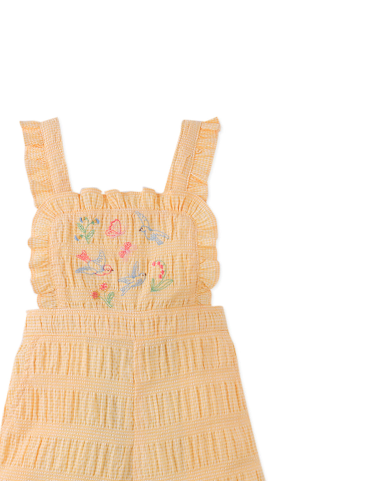 Full front catalog image of the Baby Cocona Checkered Jumpsuit with Botanical Embroidery for kids, featuring yellow checkered fabric and botanical embroidery from the Spring Summer collection of Gingersnaps Philippines.