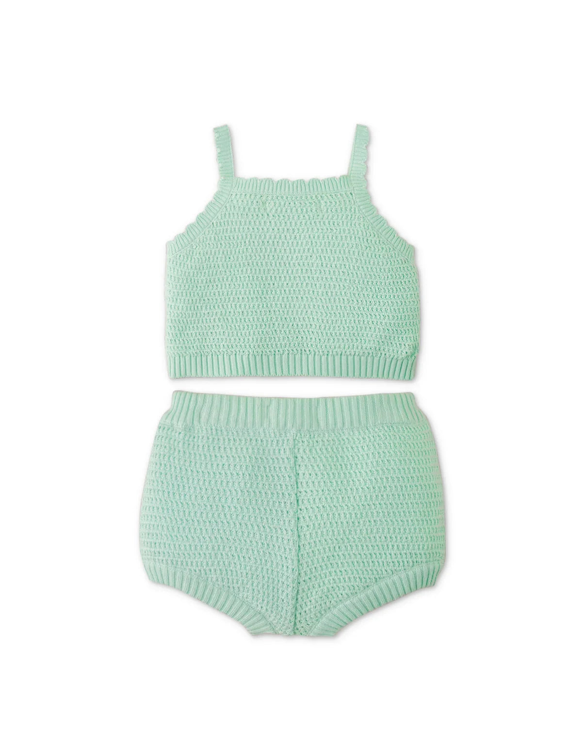 BABY GIRLS CROCHET-LIKE KNIT SHORTS SET WITH CROCHET FRUIT APPLIQUE