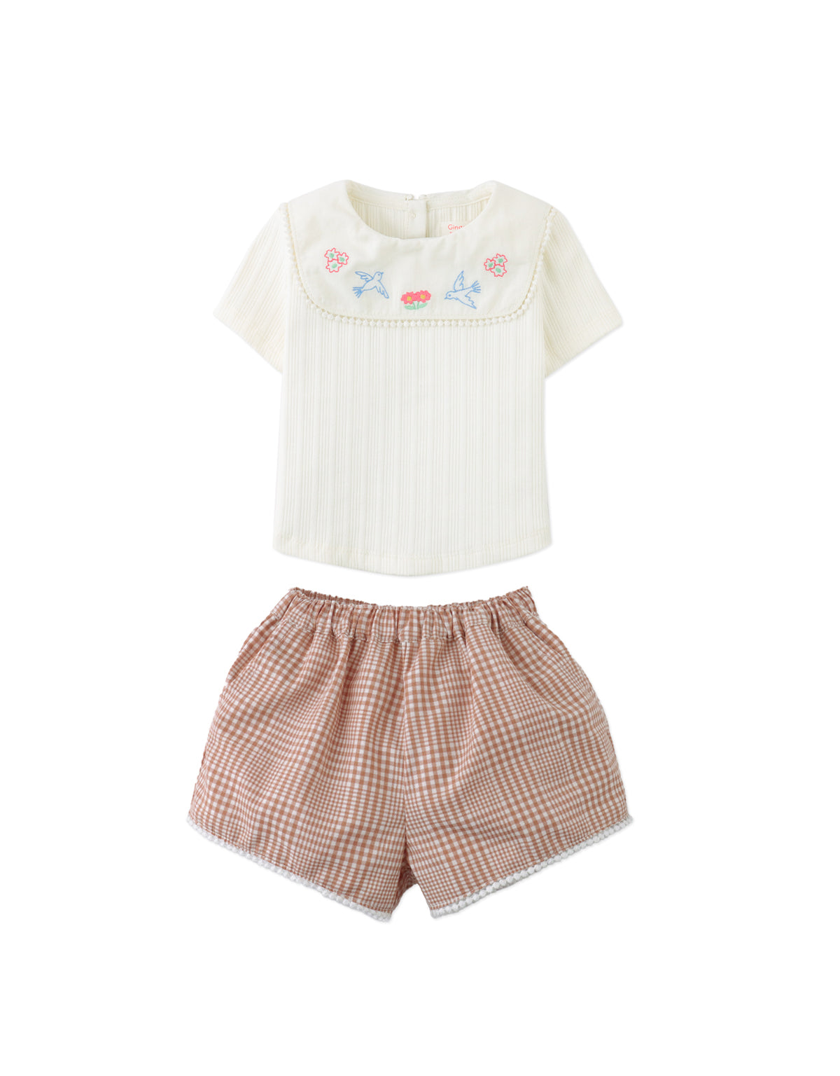 Campaign photo of the Baby Jurin Embroidered Top and Checkered Shorts Set for infant girls from the Spring Summer collection of Filipino kids fashion brand Gingersnaps Philippines, featuring an embroidered ribbed top paired with patterned shorts.