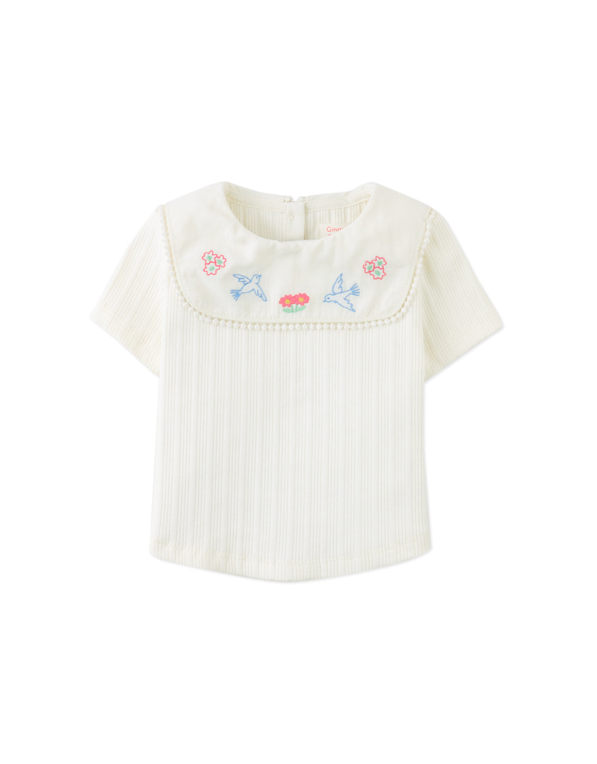 Close-up front detail of the Baby Jurin Embroidered Top and Checkered Shorts Set, highlighting avian and floral embroidery on the ribbed top from the Spring Summer collection of Gingersnaps Philippines.
