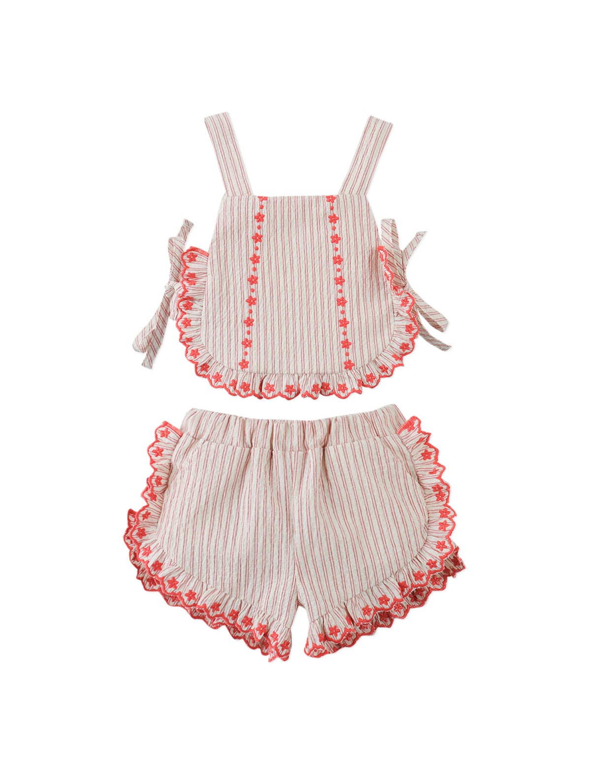 Close-up front detail of the Baby Juria Apron Blouse and Shorts Set with Scallop Ruffles, highlighting scalloped ruffle trim and striped fabric from the Spring Summer collection of Gingersnaps Philippines.