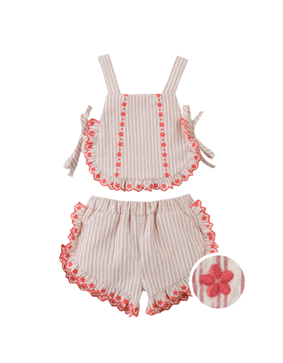 Campaign photo of the Baby Juria Apron Blouse and Shorts Set with Scallop Ruffles for infant girls from the Spring Summer collection of Filipino kids fashion brand Gingersnaps Philippines, featuring a striped apron-style blouse paired with matching shorts.