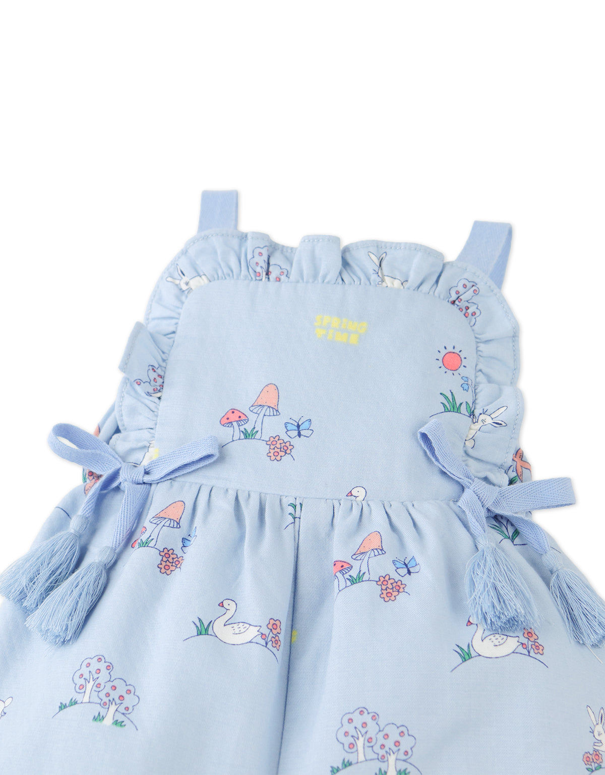 Close-up front detail of the Baby Harvey All-Over Print Bubble Playsuit with Ribbon Ties, highlighting blue fabric, ribbon ties, and all-over bunny prints from the Spring Summer collection of Gingersnaps Philippines.